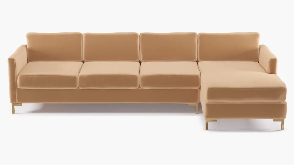 Modern Sectional, Right Facing, Camel Performance Plush Velvet, Brass L Leg