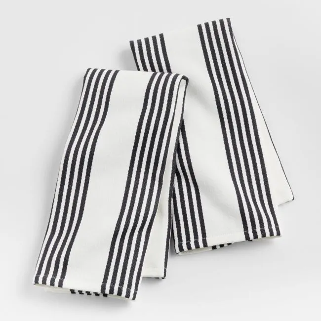 Cuisine White with Black Stripe Organic Cotton Kitchen Towels, Set of 2
