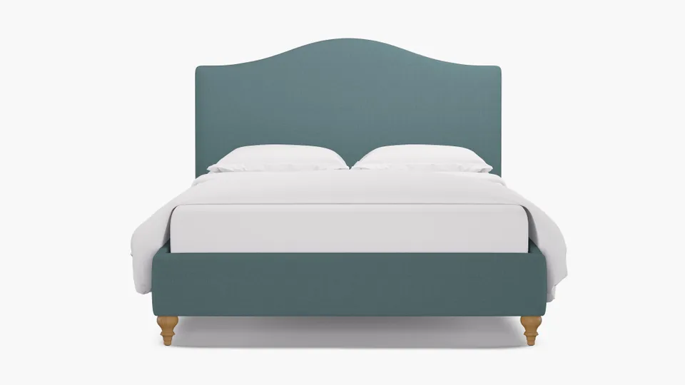 Camelback Bed, Seaglass Everyday Linen, Natural Traditional Turned Leg, Full