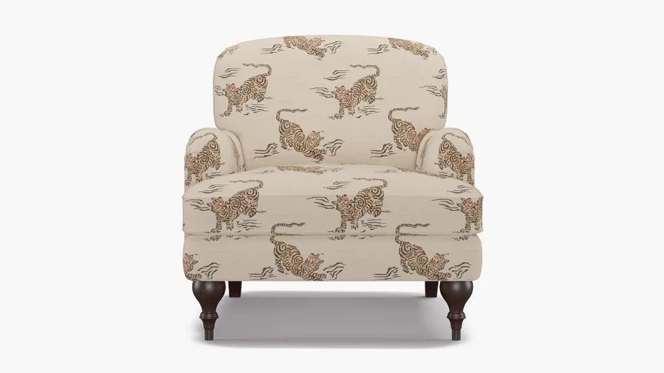 English Roll Arm Chair, Canvas Tigresse, Espresso Turned Wood Leg