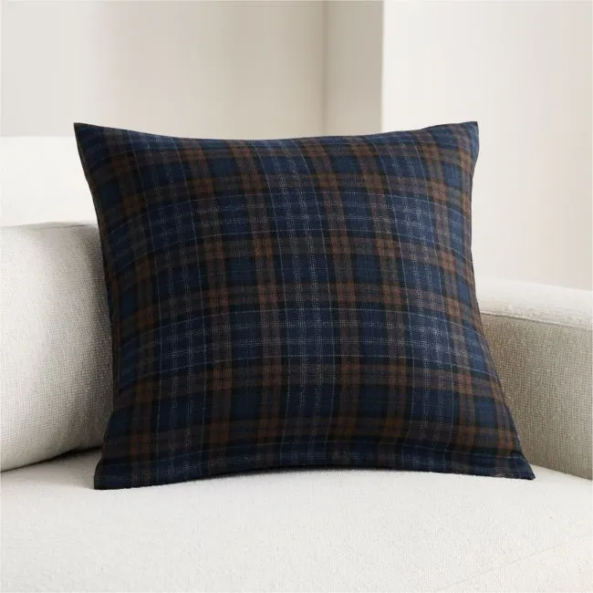 Stefano Italian Wool Blend Plaid 20"x20" Deep Indigo and Chocolate Brown Throw Pillow with Feather Insert