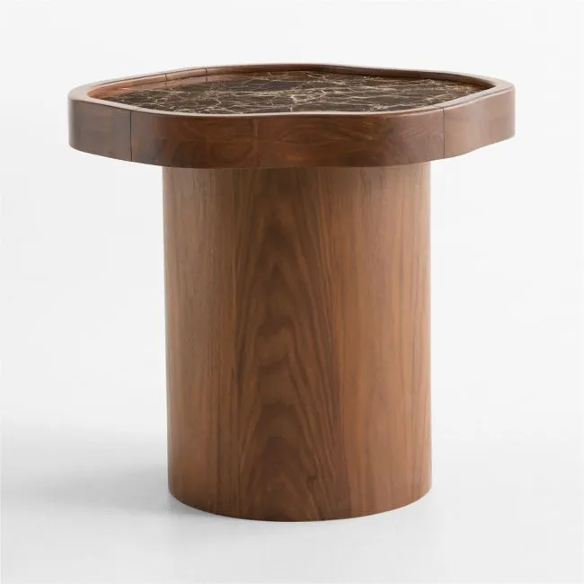 Roland Marble and Walnut Wood 21" Pedestal Side Table by Venus Williams, Set of 2