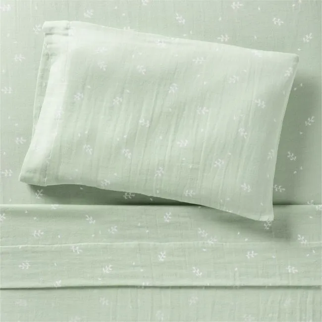 Supersoft Muted Teal Leaf Print 100% Organic Cotton Gauze Toddler Sheet Set