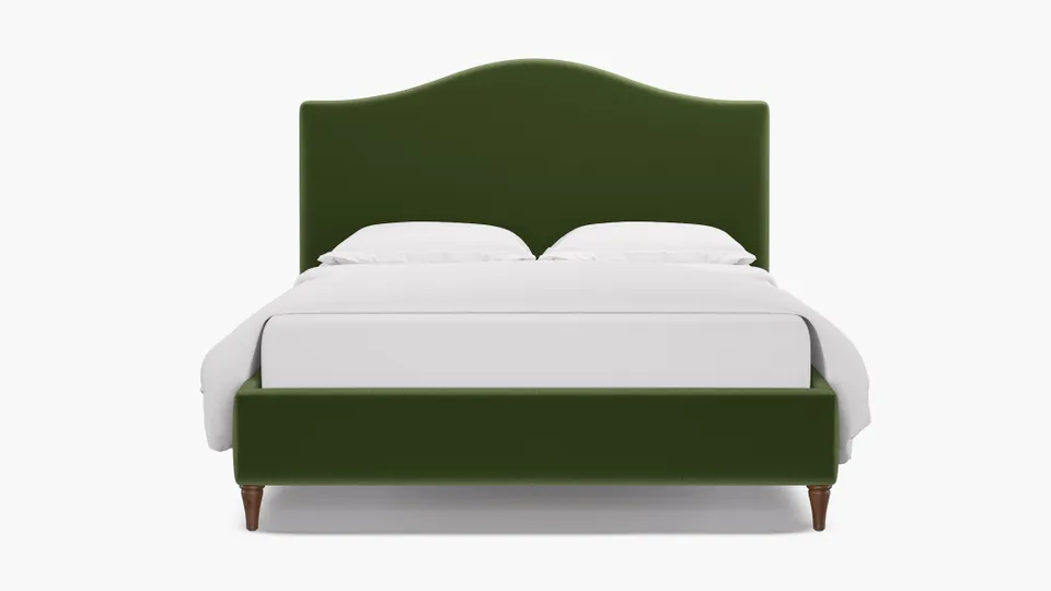 Camelback Bed, Essex Performance Velvet, Walnut Decorative Tapered Leg, King