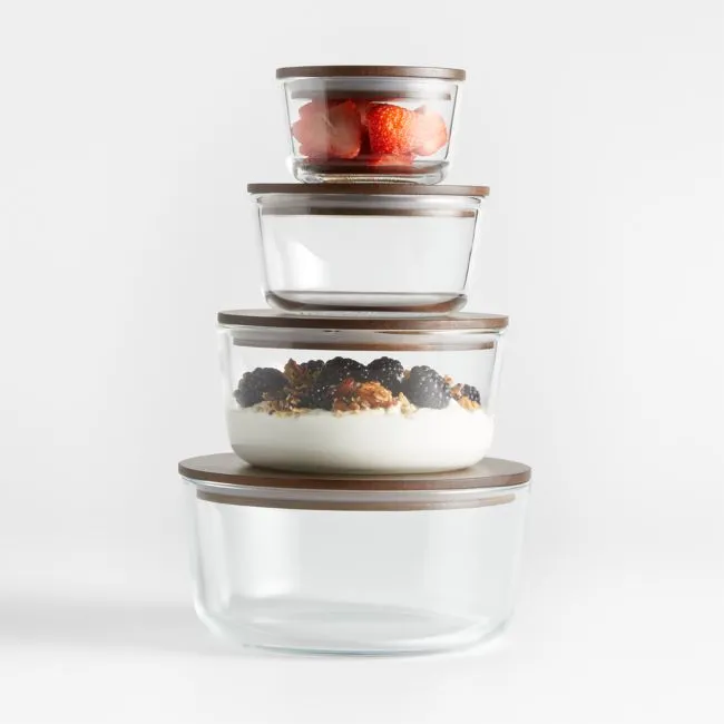 Crate & Barrel 8-Piece Round Glass Food Storage Container Set with Dark Acacia Wood Lids