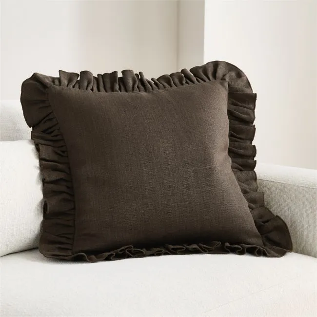Relaxed Linen Ruffle 20"x20" Deep Brown Throw Pillow Cover with Down-Alternative Insert