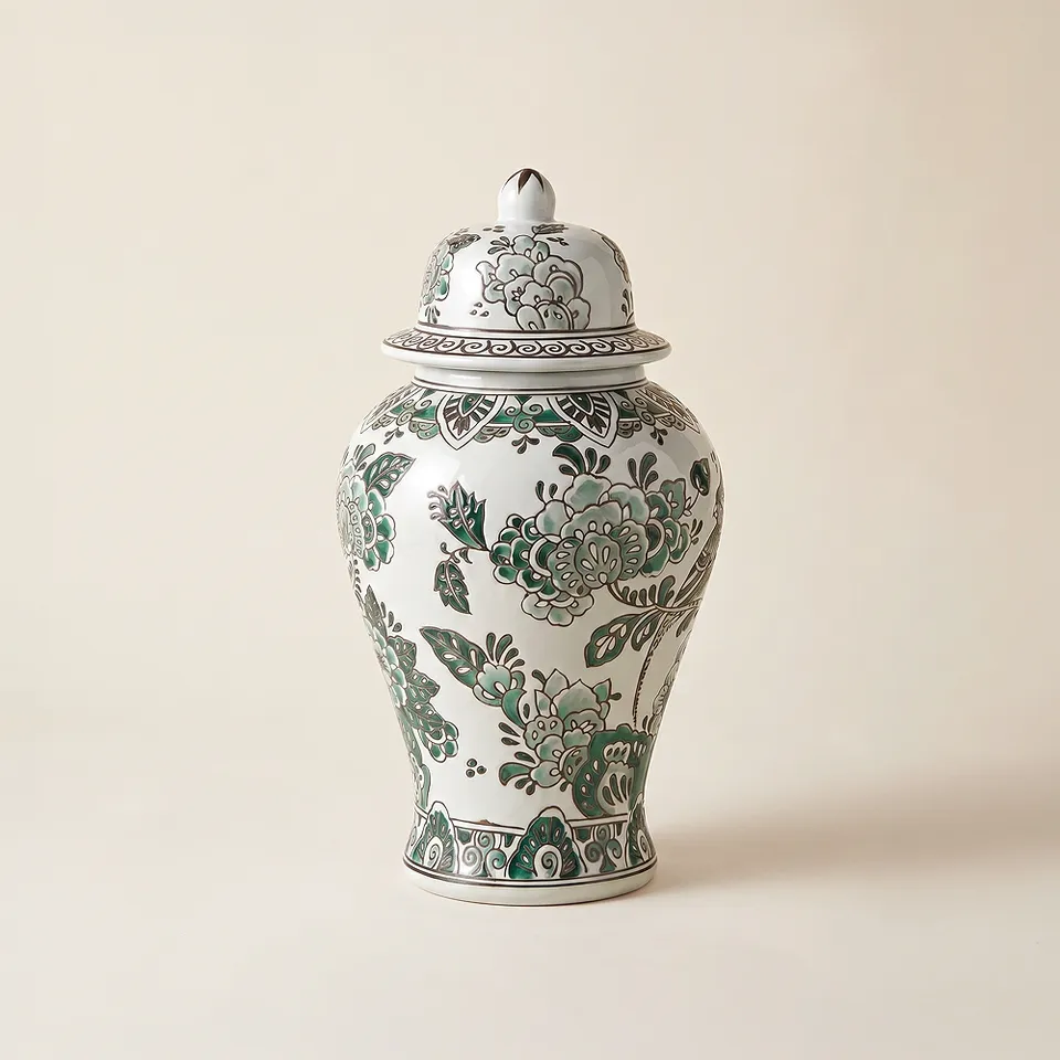Jardin 14 1/2" High Jade and White Ceramic Ginger Jar with Lid