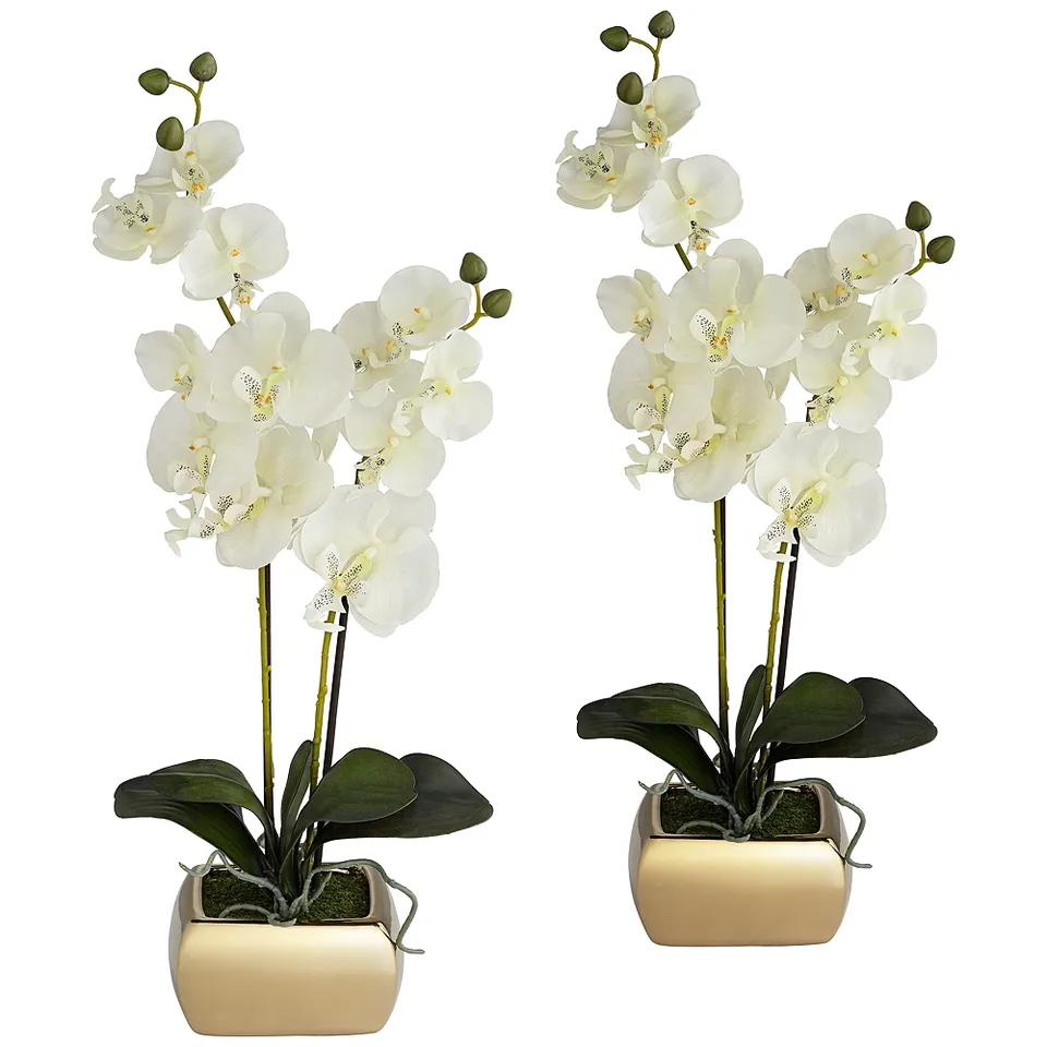 White Orchid 22" High Faux Flowers in Gold Ceramic Pot Set of 2