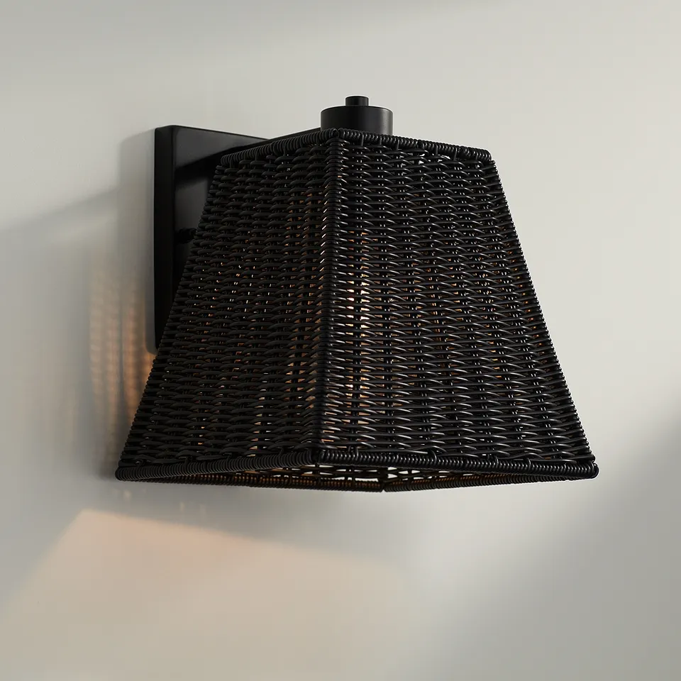 Weaver 10 3/4" High Matte Black Faux Rattan Wall Light