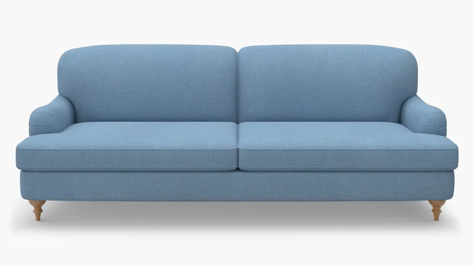 English Roll Arm Sofa, French Blue Everyday Linen, Natural Turned Wood Leg