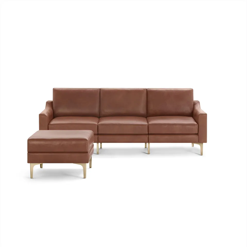 Nomad Leather Sofa with Ottoman - Chestnut - Top Grain Leather / Brass - Metal / Slope