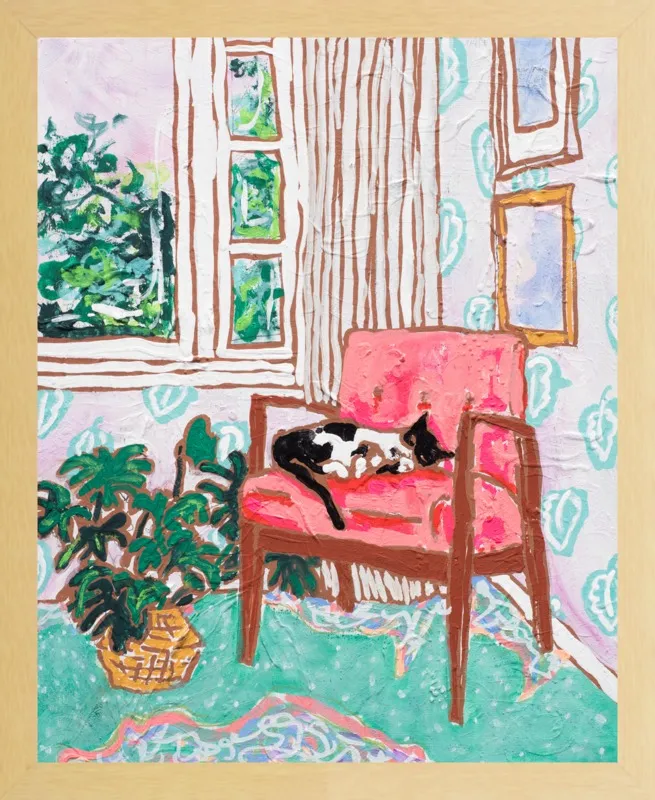 Cat Nap: Tuxedo Cat Napping in Mid-Century Chair by Lara Lee Meintjes for Artfully Walls