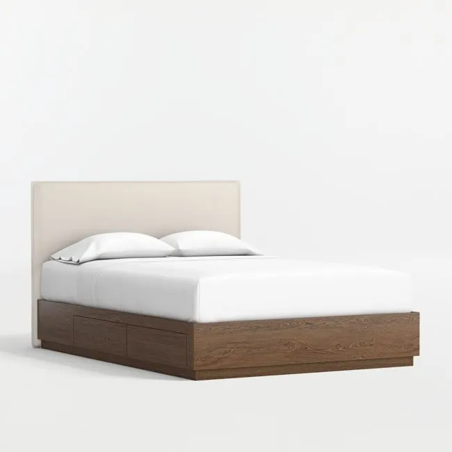 Noa Cream Upholstered Flange Kids Full Headboard with Deep Brown Wood Storage Base