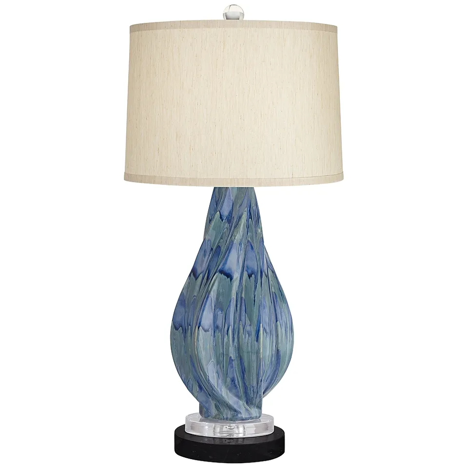 Possi Euro Teresa Teal Ceramic Table Lamp with Round Black Marble Riser