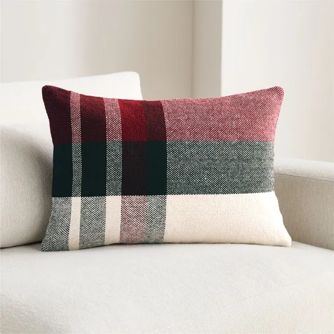 Holiday Plaid Organic Cotton 22"x15" Red and Green Throw Pillow with Feather Insert