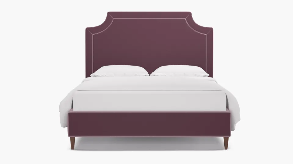 Deco Bed, Lavender Performance Plush Velvet, Walnut Square Tapered Leg, King