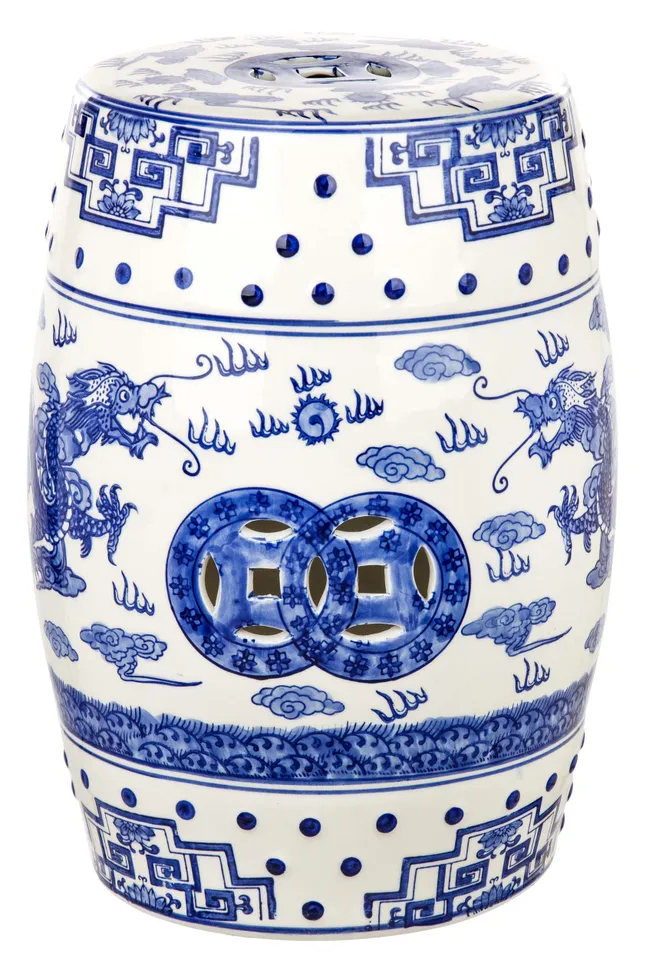 Dragon'S Breath Chinoiserie Garden Stool - Blue