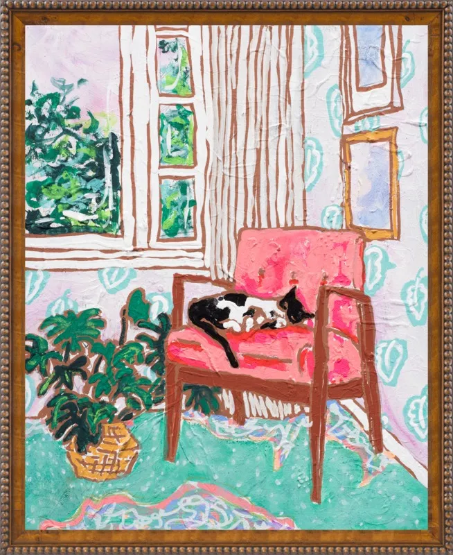 Cat Nap: Tuxedo Cat Napping in Mid-Century Chair by Lara Lee Meintjes for Artfully Walls