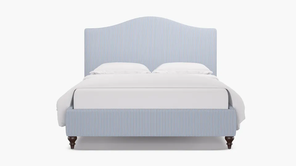 Camelback Bed, Cornflower Classic Ticking Stripe, Espresso Traditional Turned Leg, Full
