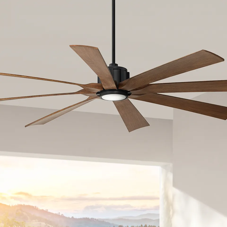 70" Possini Defender Matte Black Koa Damp LED Ceiling Fan with Remote