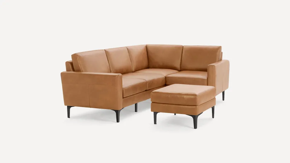 Nomad Leather 4-Seat Corner Sectional with Ottoman - Camel - Top Grain Leather / Black - Metal / Block