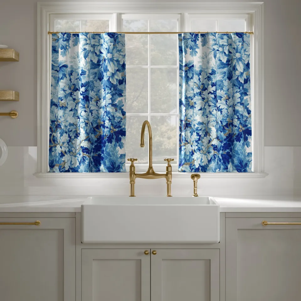 Printed Linen Café Curtain, Limoges Bois De Chene, 25" x 30", Unlined