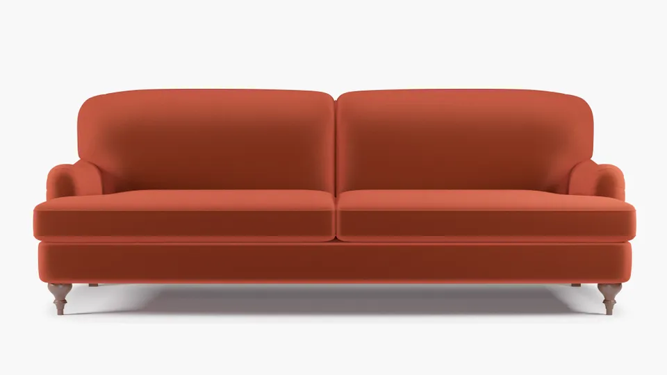 English Roll Arm Sofa, Rust Performance Velvet, Walnut Turned Wood Leg