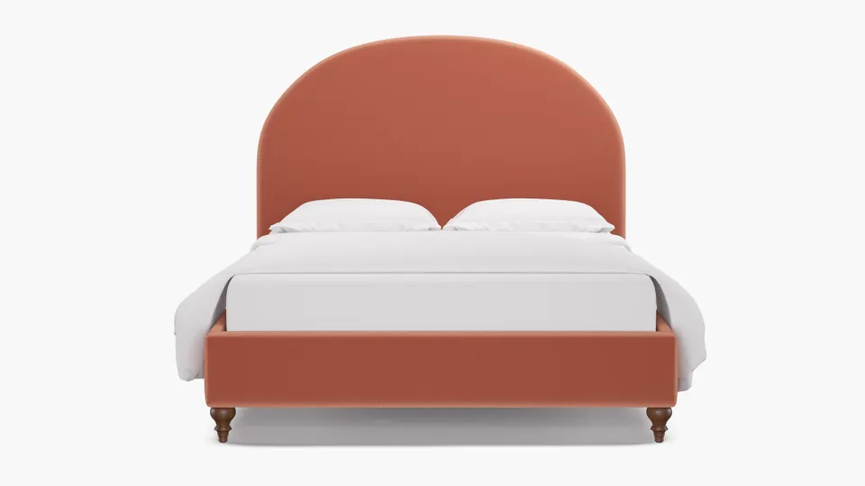 Demilune Bed, Coral Performance Velvet, Walnut Traditional Turned Leg, Twin