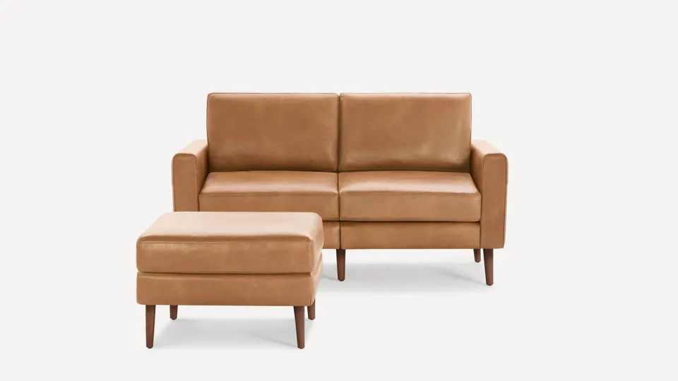 Nomad Leather Loveseat with Ottoman - Camel - Top Grain Leather / Walnut - Wood / Block