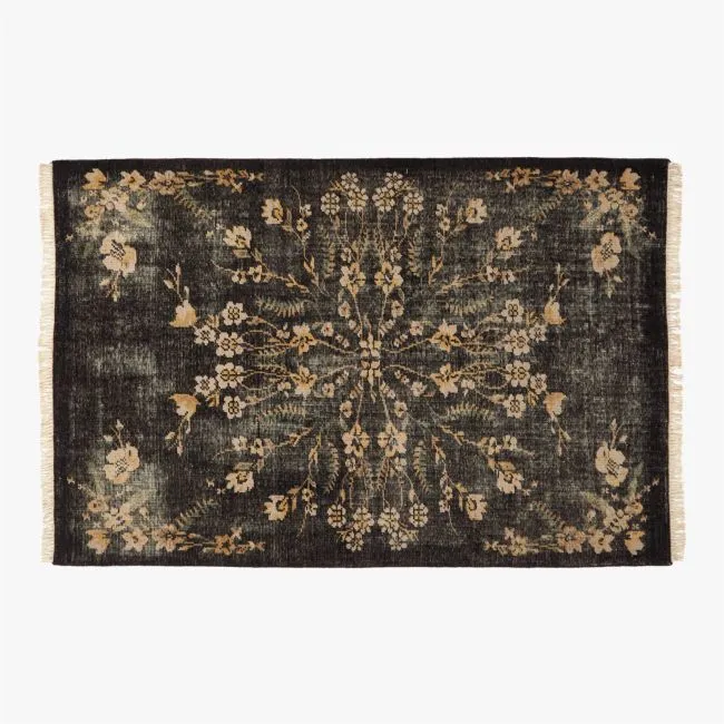 Lavish Hand-Knotted Black Floral Wool Area Rug 6'x9'