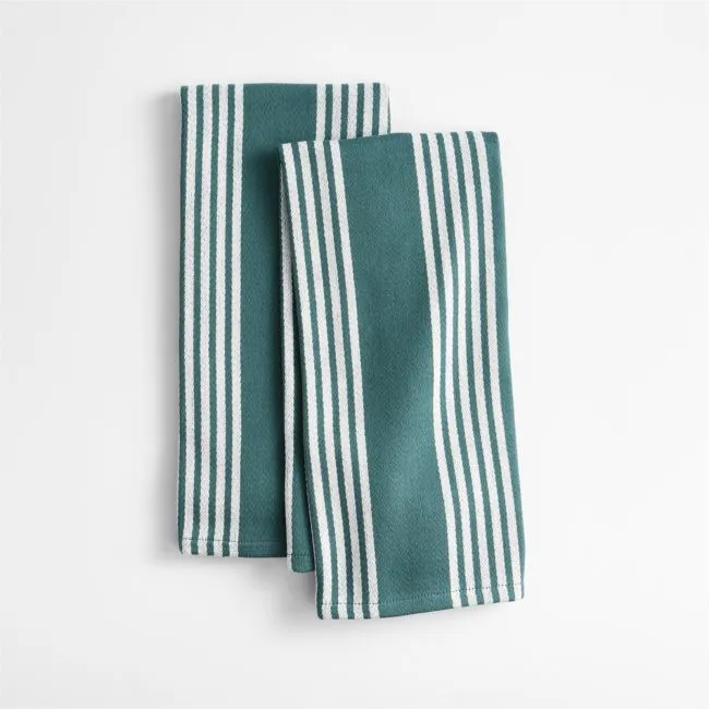Cuisine Green with White Stripe Organic Cotton Kitchen Towels, Set of 2
