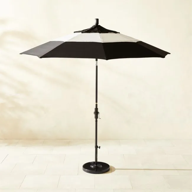 Market 8.5' Round Black & Natural White Stripe Outdoor Umbrella with Black Base