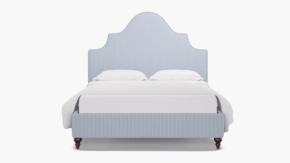 Statement Bed, Cornflower Classic Ticking Stripe, Espresso Traditional Turned Leg, Queen