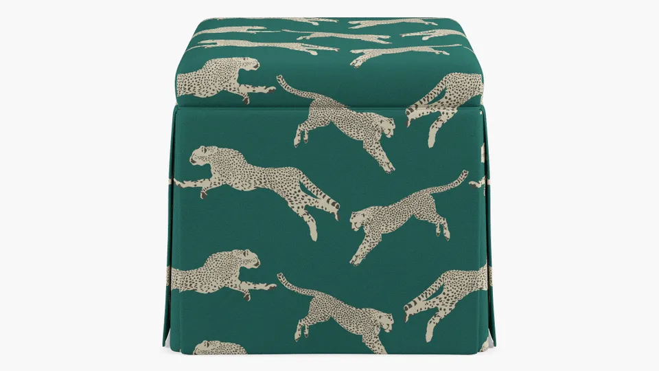Skirted Storage Ottoman, Polo Green Cheetah