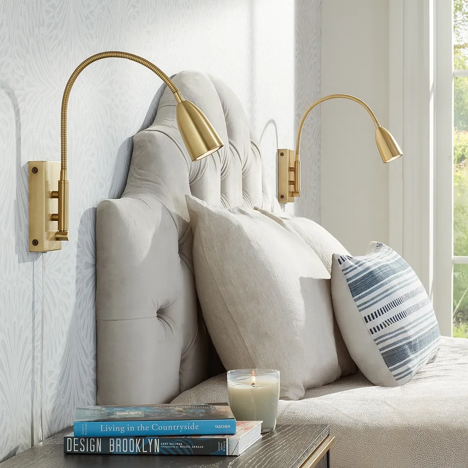 360 Lighting Lido Gold Gooseneck Plug-In LED Reading Wall Lamps Set of 2