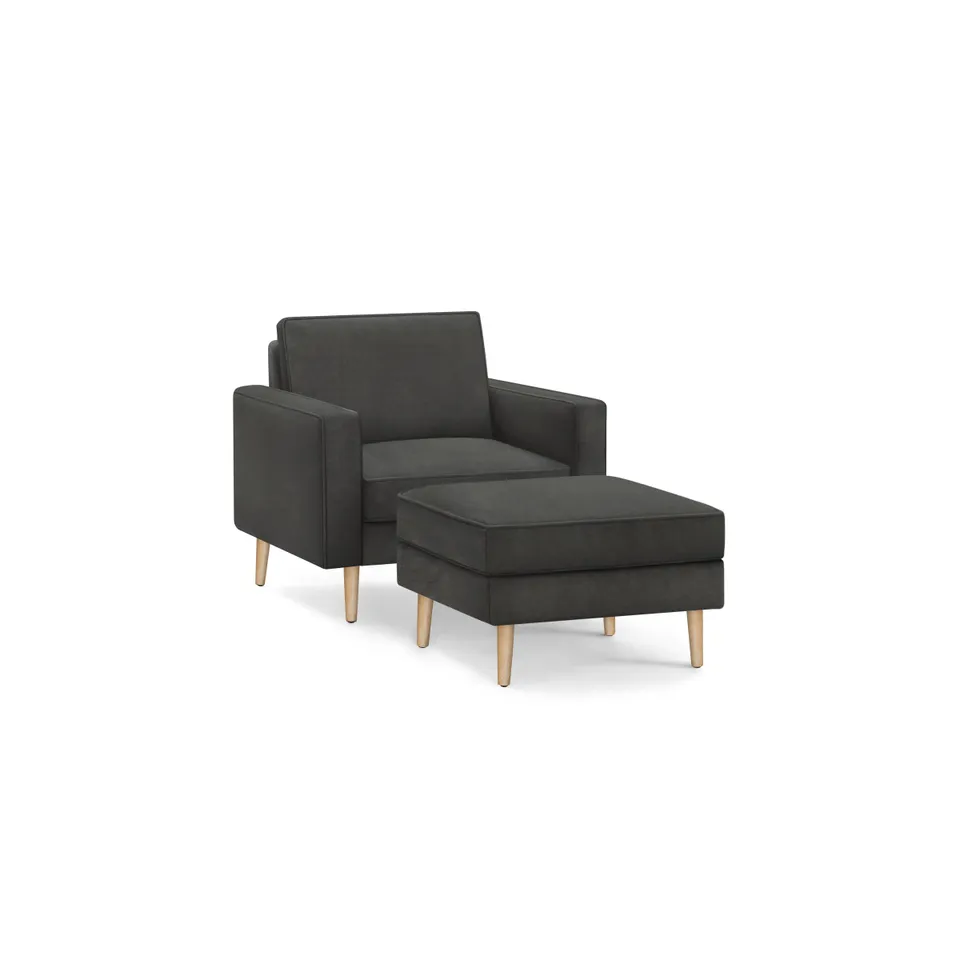 Nomad Velvet Armchair with Ottoman - Graphite Grey - Performance Velvet / Oak - Wood