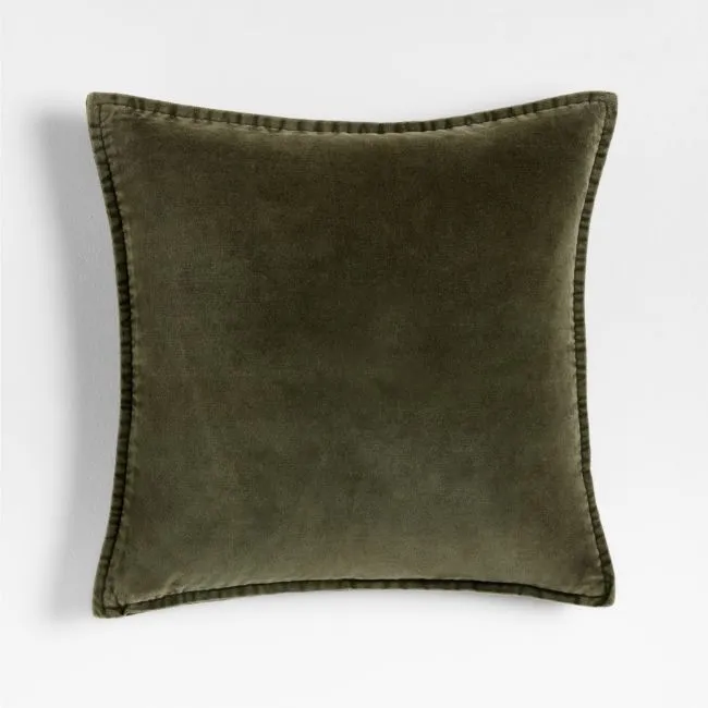 Relaxed Washed Organic Cotton Velvet 20"x20" Burnt Green Throw Pillow with Down-Alternative Insert