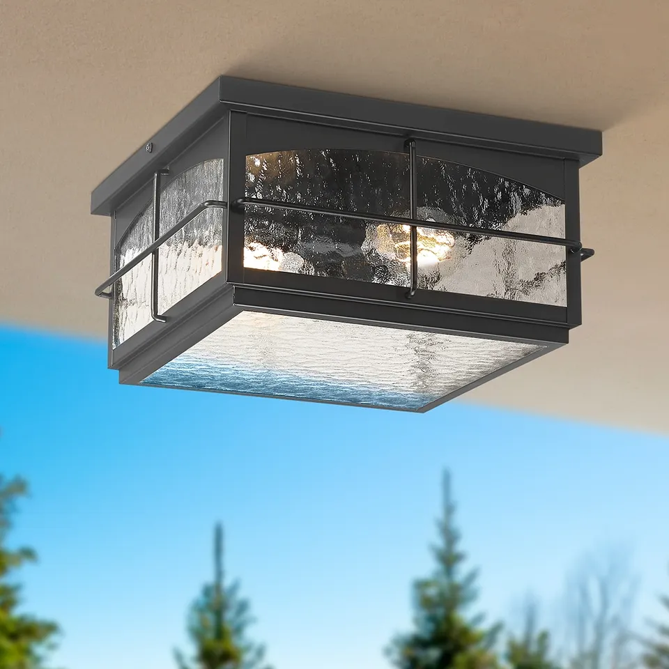 Braylon 12" Wide Black and Hammered Glass Outdoor Ceiling Light
