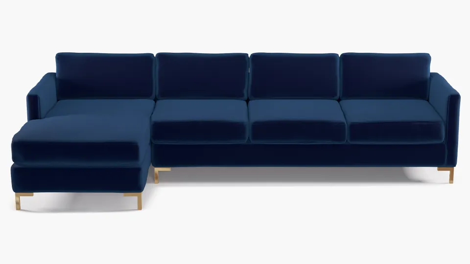 Modern Sectional, Left Facing, Navy Performance Velvet, Brass L Leg