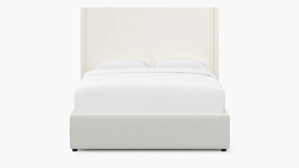 Modern Wingback Bed, Snow Boucle, Queen