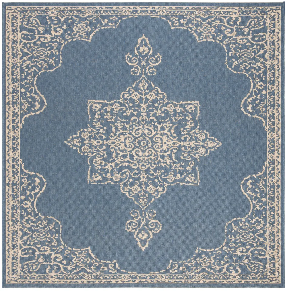 Arlo Home Indoor/Outdoor Woven Area Rug, LND180N, Cream/Blue,  6' 7" X 6' 7" Square