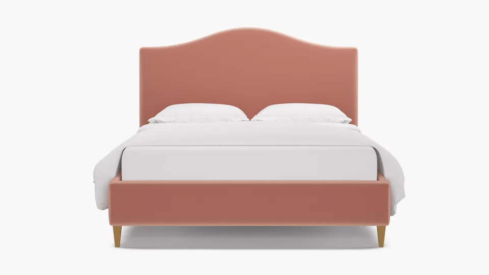 Camelback Bed, Bloom Performance Plush Velvet, Natural Square Tapered Leg, Queen