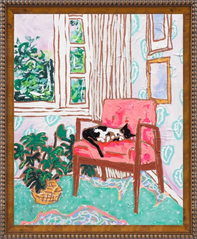 Cat Nap: Tuxedo Cat Napping in Mid-Century Chair by Lara Lee Meintjes for Artfully Walls