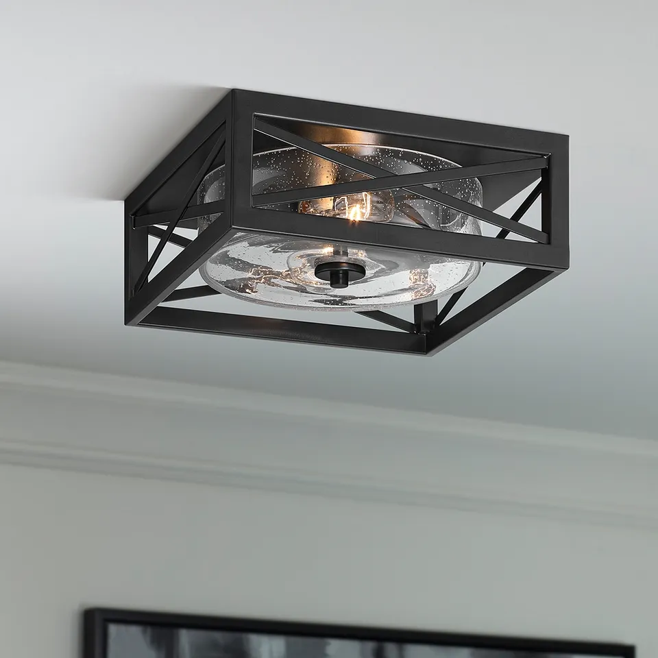 Becker 12" Black and Seeded Glass Ceiling Light