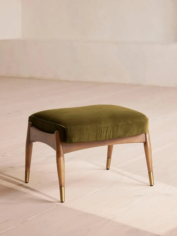 Theodore Oak Footstool Velvet Olive, US