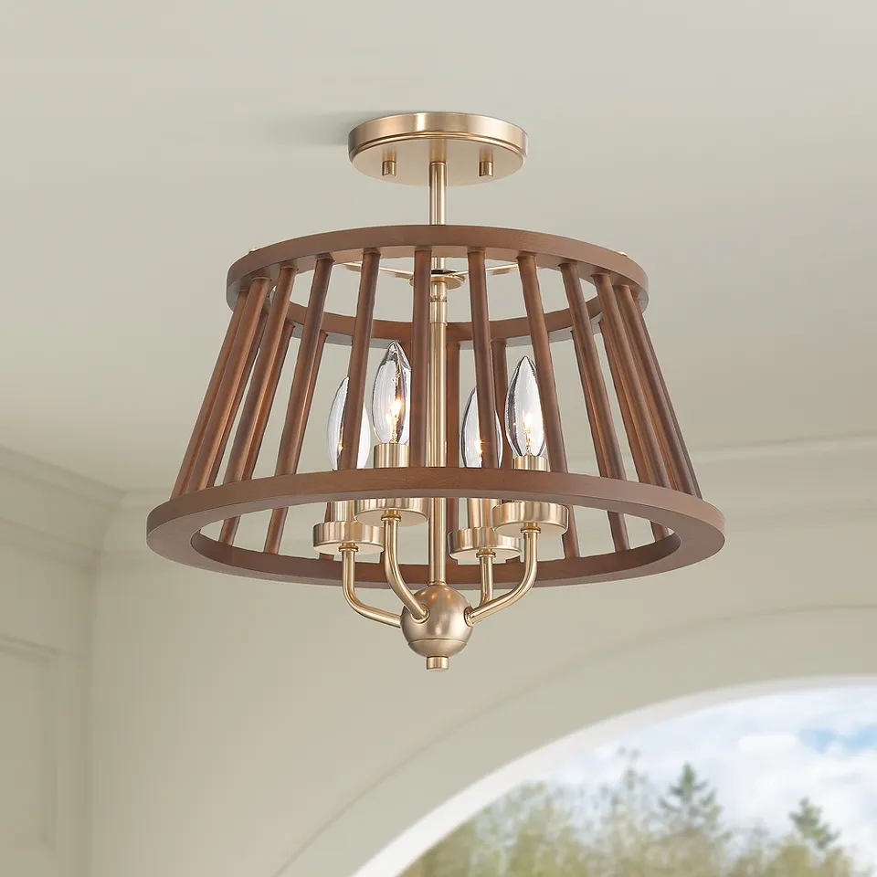 Givens 15 3/4"W Satin Bronze and Wood 4-Light Ceiling Light