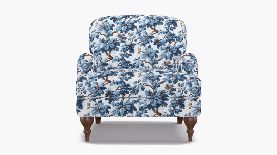 English Roll Arm Chair, Delft Woodland, Walnut Turned Wood Leg