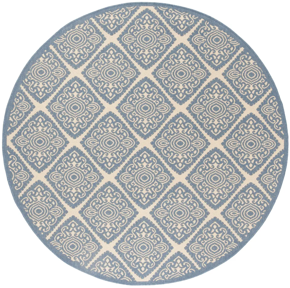 Arlo Home Indoor/Outdoor Woven Area Rug, LND132N, Cream/Blue,  6' 7" X 6' 7" Round