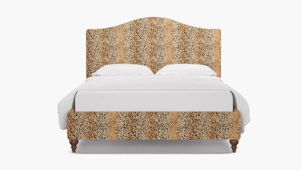 Camelback Bed, Leopard, Walnut Traditional Turned Leg, Queen