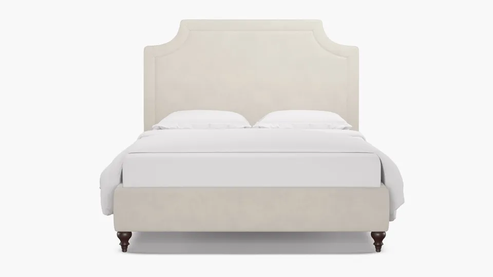 Deco Bed, White Performance Velvet, Espresso Traditional Turned Leg, King